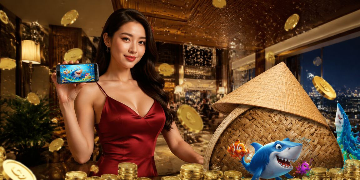 Người chơi game bắn cá truyền thống tại Huế với nón lá đặc trưng văn hóa địa phương